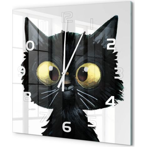 Grande Horloge Murale Carrée Décoration Salon Moderne Verre Trempé Artistique Illustration de chat 60x60 cm (1/5)