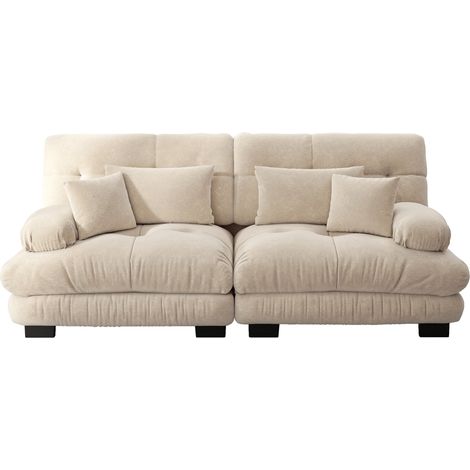 Divano angolare modulare in ciniglia beige chiaro con 2 cuscini lombari e 2 decorativi (1/5)