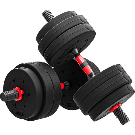 Ensemble d'haltères 2 en 1 pour musculation, lot de 2, 25 kg, poids ajustable – barres incluses – musculation et haltérophilie – noir et rouge, PEHD (1/5)