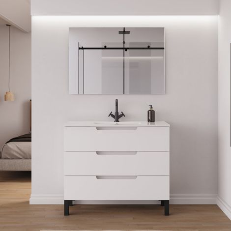 Meuble de salle de bain 90cm simple vasque - 3 tiroirs - blanc mat - RIZA (1/5)
