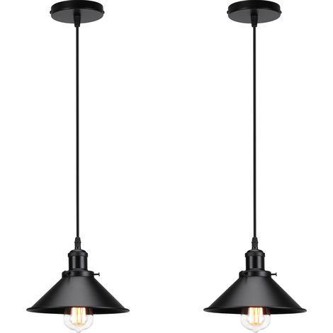 2PCS Lampes À Suspension Rétro Lustre Vintage 220MM E27 (Noir) Plafonnier Industriel Abat-Jour En Métal Pour Loft Restaurant Café Bar