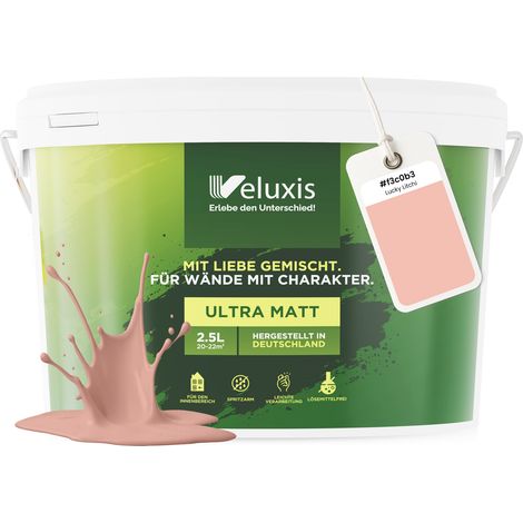 Peinture murale rose-beige-orange mate pour intérieur – pouvoir couvrant classe 1, sans COV, sans apprêt, à faible écoulement – salon et chambre – 2,5 L – Veluxis (Lucky Litchi)