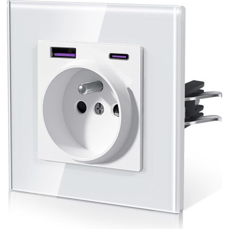 Prise Murale avec 20W USB et Type C, 3 IN 1 Prise Electriques Standard avec Griffes, Prise de courant en Verre, Connexion Rapide Sans Vis, Recharge Rapide, Gain de Place Élégant, 8686MM, Blanc (1/5)