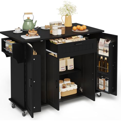 Îlot de cuisine pliant sur roulettes, meuble de rangement avec 4 portes, 1 tiroir, étagères à épices intégrées et porte-serviettes, MDF noir – CHICFURN (1/5)