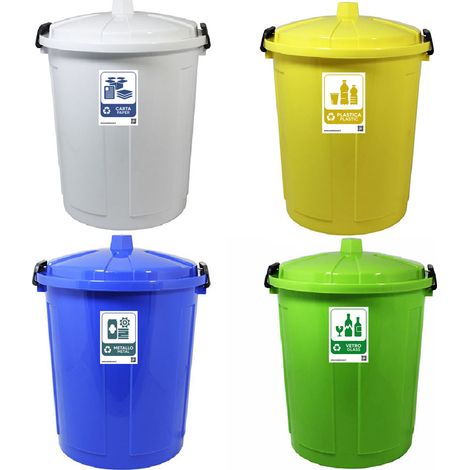 Set 4 bidoni grandi 50lt per la raccolta differenziata etichetta carta plastica vetro metallo contenitori con coperchio e chiusura antiodori randagismo per casa cucina giardino locali commerciali (1/5)