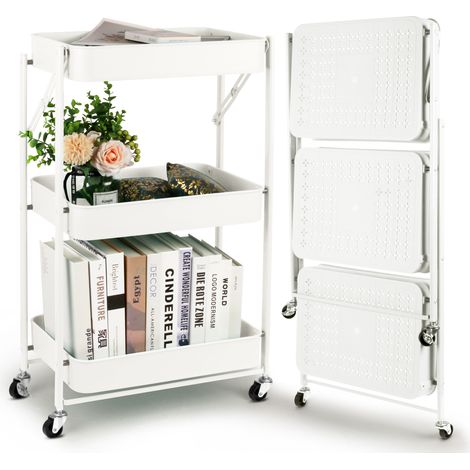 Klappbarer Rollwagen, Nischenregal Nischenwagen 3 Ebenen, Faltbares Küchenwagen mit Rollen, Servierwagen für Küche, Babyzimmer, Bad, Büro, Garderobe, 46x 29,5X 78,5 cm, Weiß (1/5)