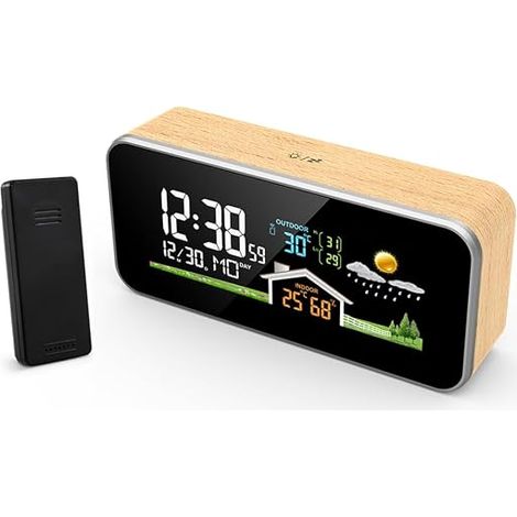 Multifunktionswecker, Wetterstation mit Außensensor, Wetterüberwachungsuhr aus Holz, digitales Thermometer, Temperatur und Luftfeuchtigkeit, kabellose Farbdisplay-Prognosestation für Zuhause (1/4)