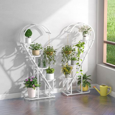 COSTWAY 5-stufiger Metall Pflanzenständer Herzförmig, Blumenregal mit Haken, Leiter Pflanzenregal Kippschutz, Pflanzenleiter Blumenständer, für Garten Balkon Wohnzimmer Weiß (1/5)