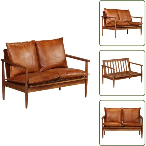 Sofá de acacia - vidaXL Sofá de 2 plazas cuero auténtico con madera de acacia marrón - Sofá de madera maciza