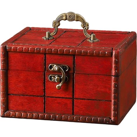 Boite A Bijoux En Bois - Design Rétro - Poignée De Transport - Rouge - 1 Pièce (1/5)