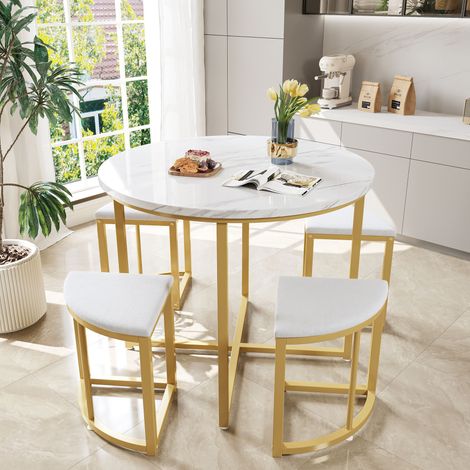 Conjunto de Mesa y 4 Sillas de Comedor, para 4 Personas, con Asientos de Terciopelo, en MDF, Blanco (1/5)