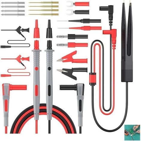 Kit de Câbles de Test Multi 21 en 1 Multimètre Électrique Câble Test avec Pinces Crocodile de Test Ressort Sonde Grabber Fiche Banane pour Tension Voltmètre pour Testeur Circuit Tension (1/4)
