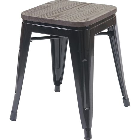 Sgabello basso con seduta in legno dal design industriale impilabile in metallo nero 040005325