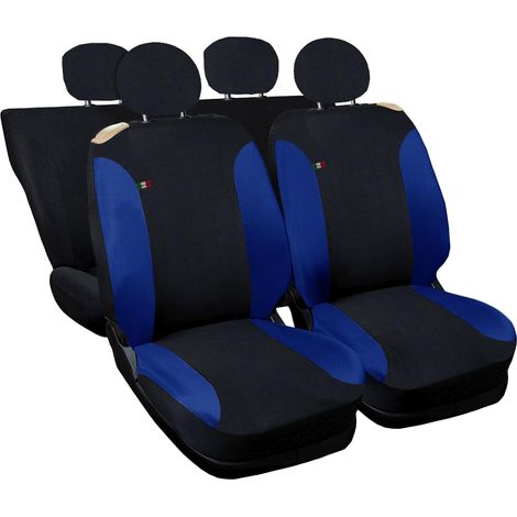 Lupex Shop – Coprisedili auto universali, compatibili per 500, anteriori e posteriori(50/50), NO LOGO, in Policotone, Nero/Blu Chiaro (1/5)