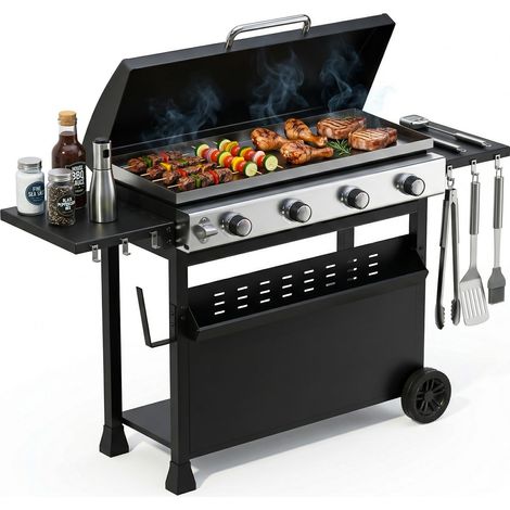 Barbecue à gaz mobile à 4 brûleurs de 32 000 BTU – Surface de cuisson de type plancha, capot résistant aux intempéries, brûleurs en acier inoxydable, allumage Snap-Jet, grande surface de cuisson de 3 (1/5)