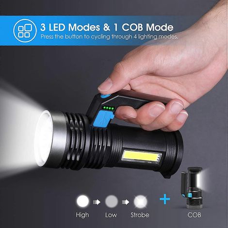 Lampe torche rechargeable USB, lampe torche LED portable et puissante à 4 modes avec lampe de travail COB et poignée, étanche IP65, idéale pour le camping et la randonnée en extérieur. (1/4)