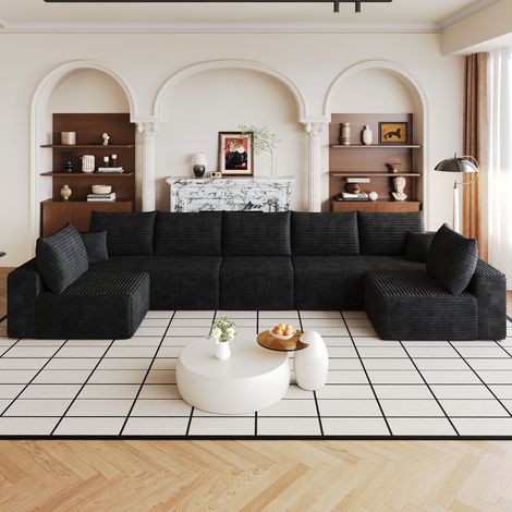 Divano angolare modulare 425/165/83 cm nero in tessuto a coste, seduta profonda (1/5)