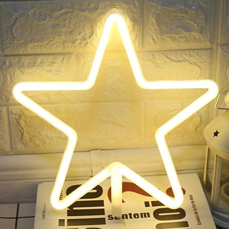 Star-shaped neon sign, LED neon, decorative wall clock powered by battery and USB for interior decoration (Warm white) (1/5)