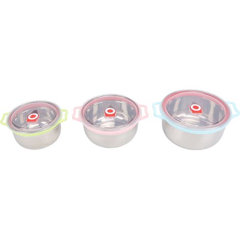 Bol en Métal Inoxydable avec Couvercles - 3PCS Set Mixing Bowl Multifunctional Stainless Steel Storage Nesting Bowl Type 2 - 652.00g (1/4)