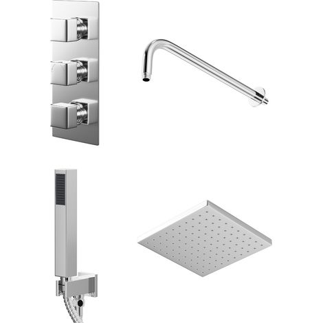 Cubix Polished Chrome Triple Thermostatic Valve Mixer Shower with Square Fixed Head and Square Handset Outlet Holder - 2 Outlet (1/5)