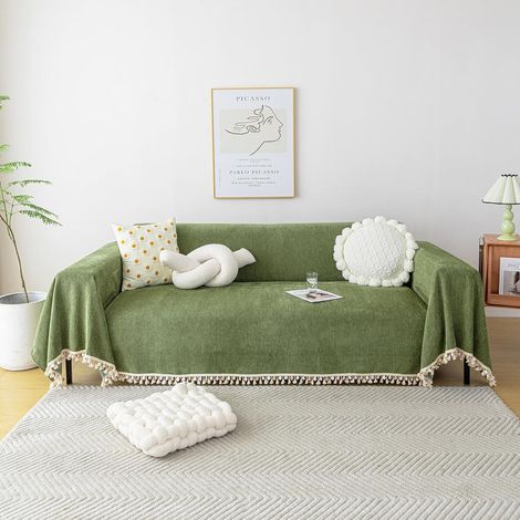 Filiyano-Housse de canapé verte style vintage avec motif chien, 180 x 300 cm, housse de coussin avec pompons, housse de canapé de patio style bohème (1/5)