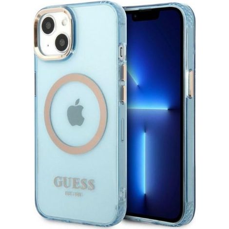 Funda rígida Guess GUHMP13MHTCMB para iPhone 13/14/15 de 6,1 pulgadas, color azul/azul, con contorno dorado y MagSafe translúcido. (1/5)