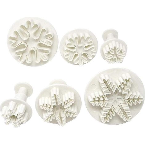 Ensemble de 6 emporte-pièces à piston en plastique alimentaire en forme de flocons de neige pour la décoration de gâteaux et fondants. Outils de gaufrage pour la pâtisserie et le bricolage. (1/4)