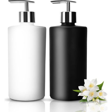 Juego de 2 dispensadores de jabón de vidrio de 450 ml, negro mate y blanco, con bomba de acero inoxidable, recargables para cocina y baño (1/4)