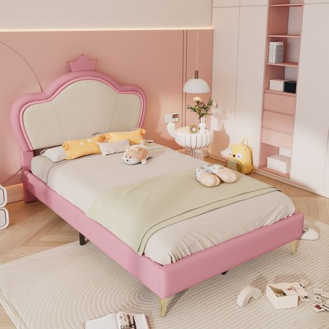 Lit enfant 90x200 cm, lit simple rembourré en PU rose et blanc, tête de lit couronne, sommier à lattes en bois, sans matelas (1/5)