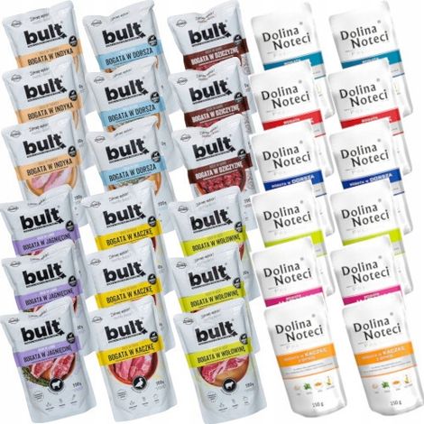 Nassfutter-Set für Hunde, 30-teilig: 12 x Dolina Noteci 150 g + 18 x Bult 100 g