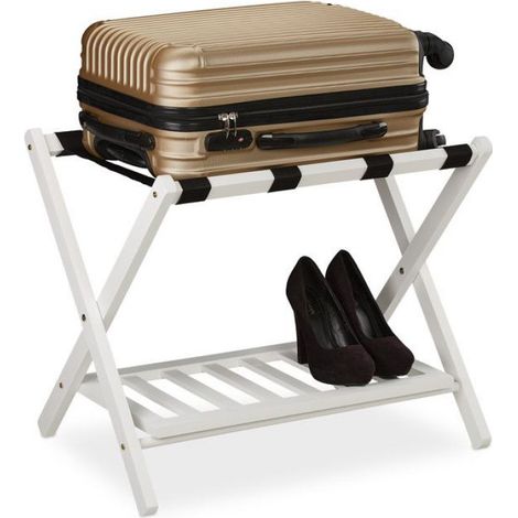 Porte-valise - Bois - 54,5 x 66 x 44,5 cm - 2 Étagères - Pliable - 30 kg - Blanc (1/5)