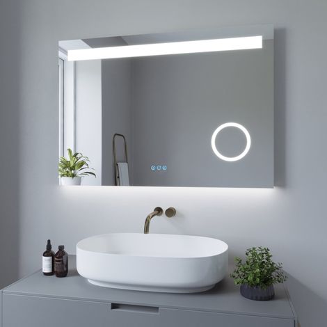 Badspiegel mit LED Beleuchtung 100x70 cm Badezimmerspiegel mit 3-Fach Vergrößerung Kosmetikspiegel Touch Lichtspiegel Wandspiegel Rasierspiegel Bluetooth Lautsprecher, Dimmbar, Antibeschlag, Memory-Fu (1/5)