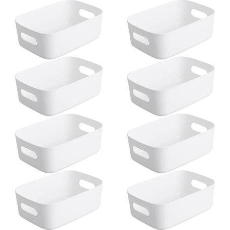 Lot de 8 Panier de Rangement en Plastique Blanc, Panier Plastique Rangement, Panier en Plastique avec Anse, 20.5x14.5 x7.5cm (1/4)