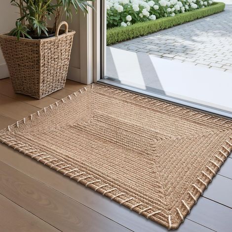 Tapis de Porte en Jute Tissé à la Main, Tapis d’Entrée Antidérapant et Durable avec sous-Couche Antiglisse pour Sols Durs, Paillasson pour Entrée et Terrasse, 50 x 80 cm, Jute tricoté (1/5)