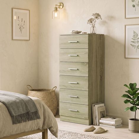 Commode 6 Tiroirs, Meuble de Rangement, Style Moderne, pour Chambre à Coucher, Entrée, Couloir, 40x40x110cm, Chêne (1/5)