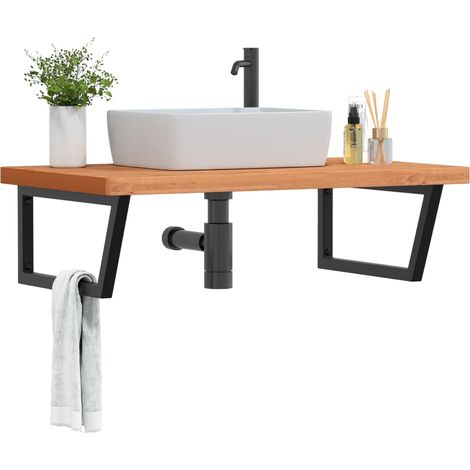 Waschbeckenregal Wandmontage Stahl und Massivholz Buche