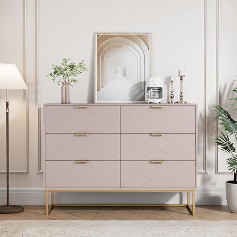 UEV Commode avec 6 Tiroirs, Meuble de Rangement, Motif de Lignes, Style Scandinave Elégant, pour Salon, Chambre, Salle à Manger, 100x34x73,5cm, Cachemire