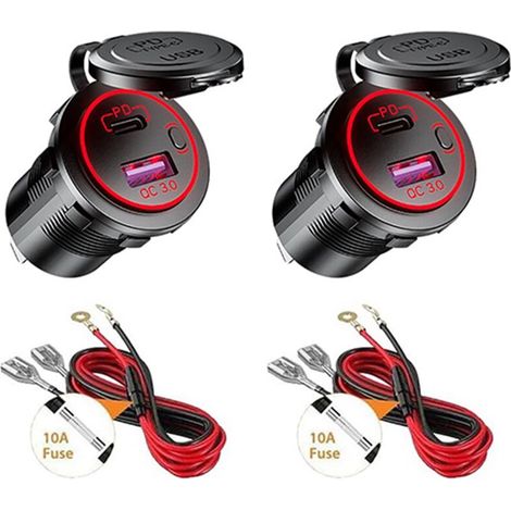 Chargeur de voiture AquaForge avec 2 ports USB PD Type C et QC 3.0, prise 12 V et interrupteur marche/arrêt pour motos, remorques et quads (1/5)