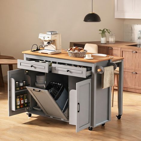Îlot de cuisine mobile gris avec plan de travail extensible (1/5)