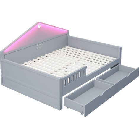 Einzelbett 140x200 cm grau mit LED, 2 Schubladen und Lattenrost (1/5)