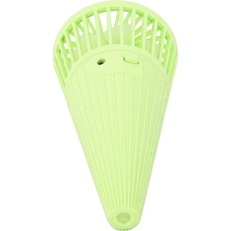 Kleiner, tragbarer, kegelförmiger Tischventilator in fluoreszierendem Grün zum Umhängen oder Mitnehmen im Sommer. (1/4)