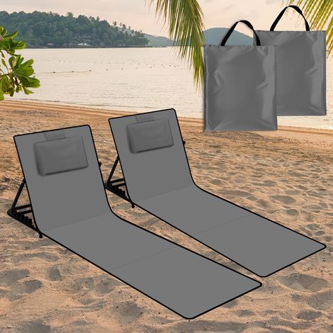 Randaco 2x Strandmatte mit Rückenlehne Gepolstert klappbar UV-beständig Tasche Reißverschluss Kissen Tragegurt Garten Camping Picknick Liegematte 145 x 47cm, Dunkelgrau