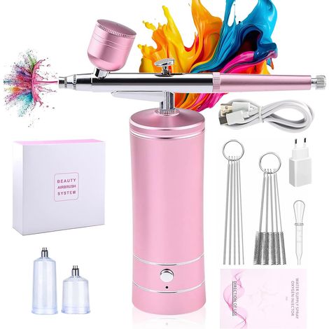 Kit aérographe rechargeable, kit aérographe sans fil avec compresseur pour décoration de gâteaux, nail art, tatouage et maquillage, rose (1/5)