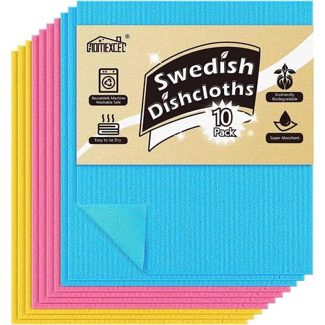Lot de 10 torchons suédois pour cuisine, éponge pour comptoirs et vaisselle, réutilisables et absorbants, serviettes en papier de rechange, 3 couleurs assorties (1/5)
