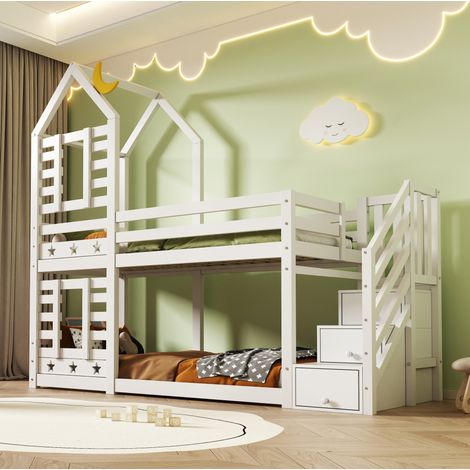 Lit superposé cabane enfant 257/96/217 cm blanc en bois avec rangements, tiroirs et barrières (1/5)