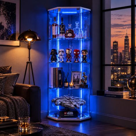 JOOKGBD-Eckvitrine Glasvitrine mit LED-Lichtband,Vitrinenschrank aus Glas und Holz,1 Tür 4 Einlegeböden, abschließbar mit LED-Lichtband,Standvitrine für Sammlerstücke Wohnzimmer,Weiß (1/5)
