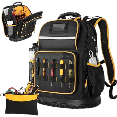 Sac à Dos à Outils 15 Pouces 30L Oxford - Fond Dur Multi Poches Compartiment PC Portable USB - Sac Porte-Outils Électricien Plombier Artisan Chantier Bricolage Noir Jaune 37x17,8x45,7 cm (1/4)