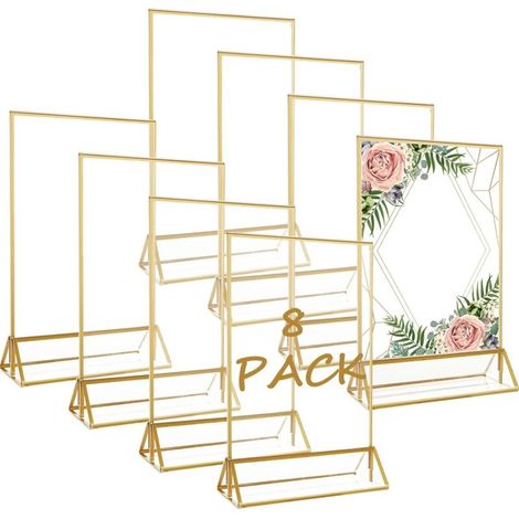 Lot de 8 Cadres Photos Dorés Double Face 15x21cm - Porte-numéros de table dorés en acrylique, chevalets de table transparents pour affiche, porte-menus, cadres photos