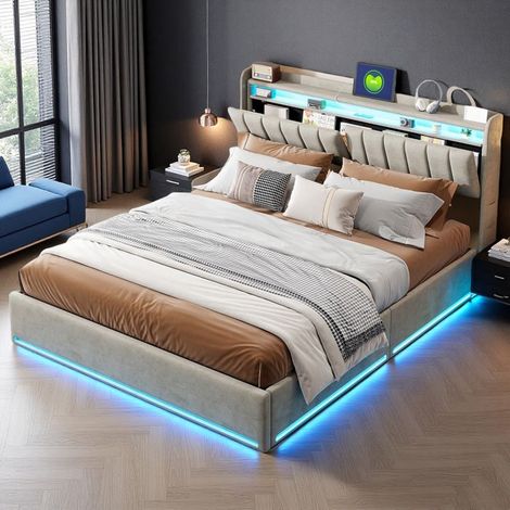 Bett 160x200 cm - 240822HGY - USB - LED - hydraulisch - Skandinavisch - Samt - Bettgestell für Erwachsene 160x200 cm - Grau