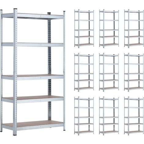 MegaPack 10 Scaffalature modulari in metallo con 5 ripiani 875 kg Argento 90x40x180 cm 7house